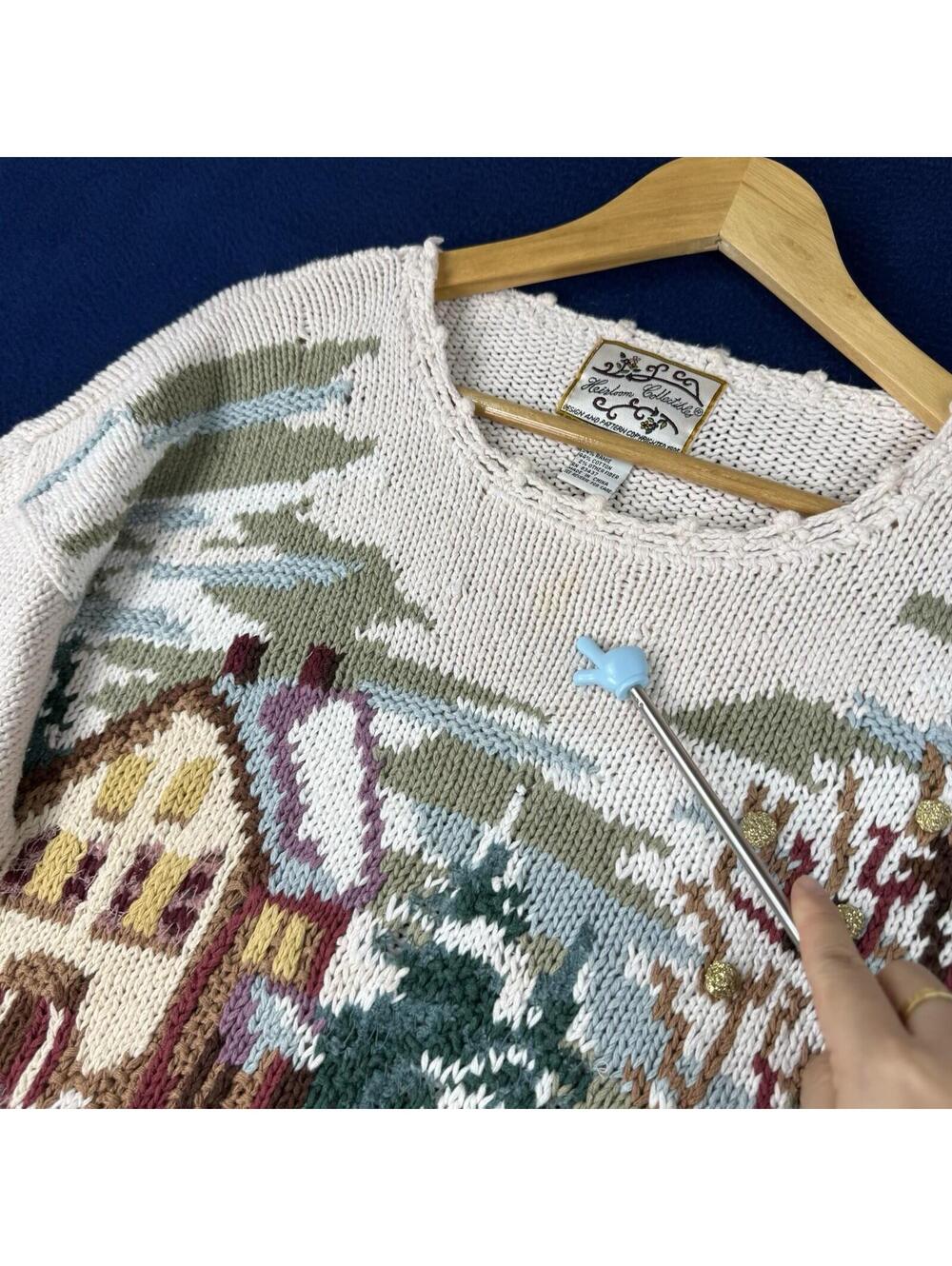 Vintage Heirloom Collectibles Horse Scene Village Knit Sweater Cottagecore Sz M - Picture 6 of 12